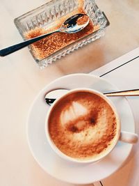 High angle view of coffee on table