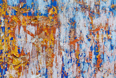 Minimalist colourful textured background of old and rusted paint on metallic surface