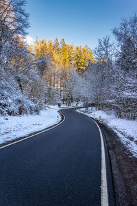 Road amidst snow covered trees against sky