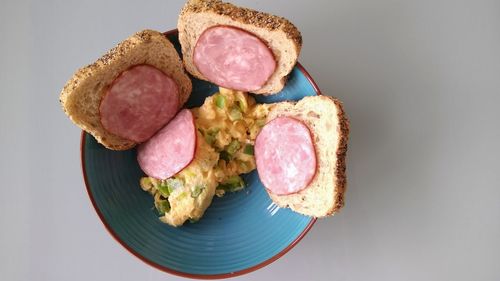 High angle view of bread in plate on table