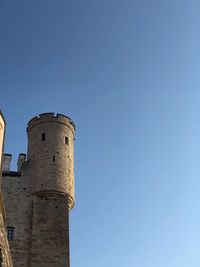 Low angle view of fort against clear blue sky