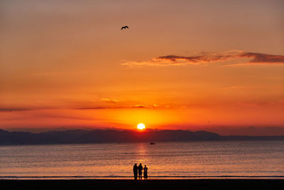 Silhouette people on beach against sky during sunset