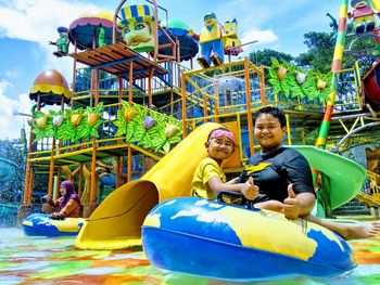 A fun water playground for kids and adults on a sunny day