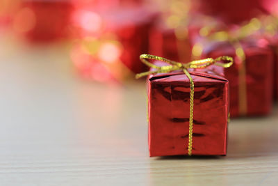 Close-up of christmas presents on table