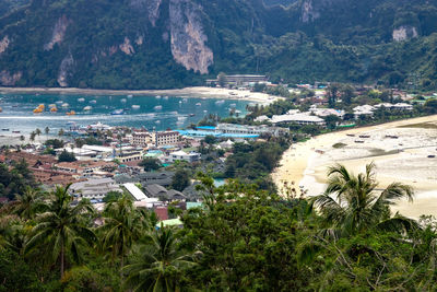 High angle view of sea and city buildings