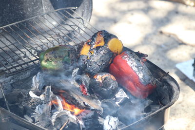 High angle view of bonfire on barbecue