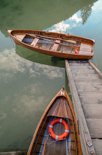 High angle view of boat moored in lake