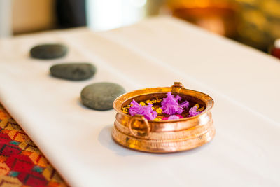 High angle view of purple flower on table