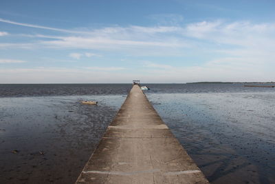 Jetty leading towards sea against sky