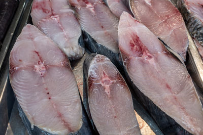 High angle view of seafood for sale at market