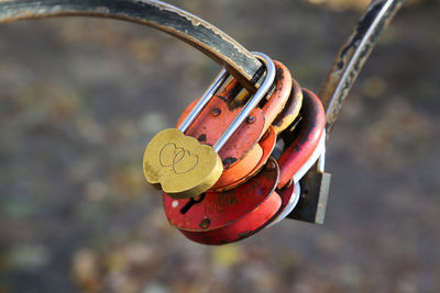 Close-up of padlocks on railing