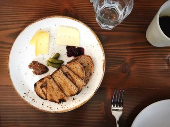 High angle view of breakfast served on table