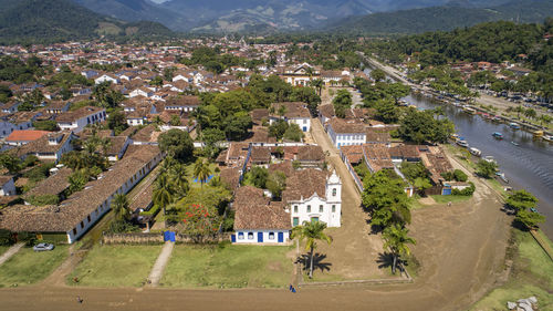 High angle view of buildings in city