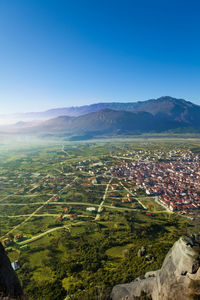 Aerial view of landscape against clear blue sky