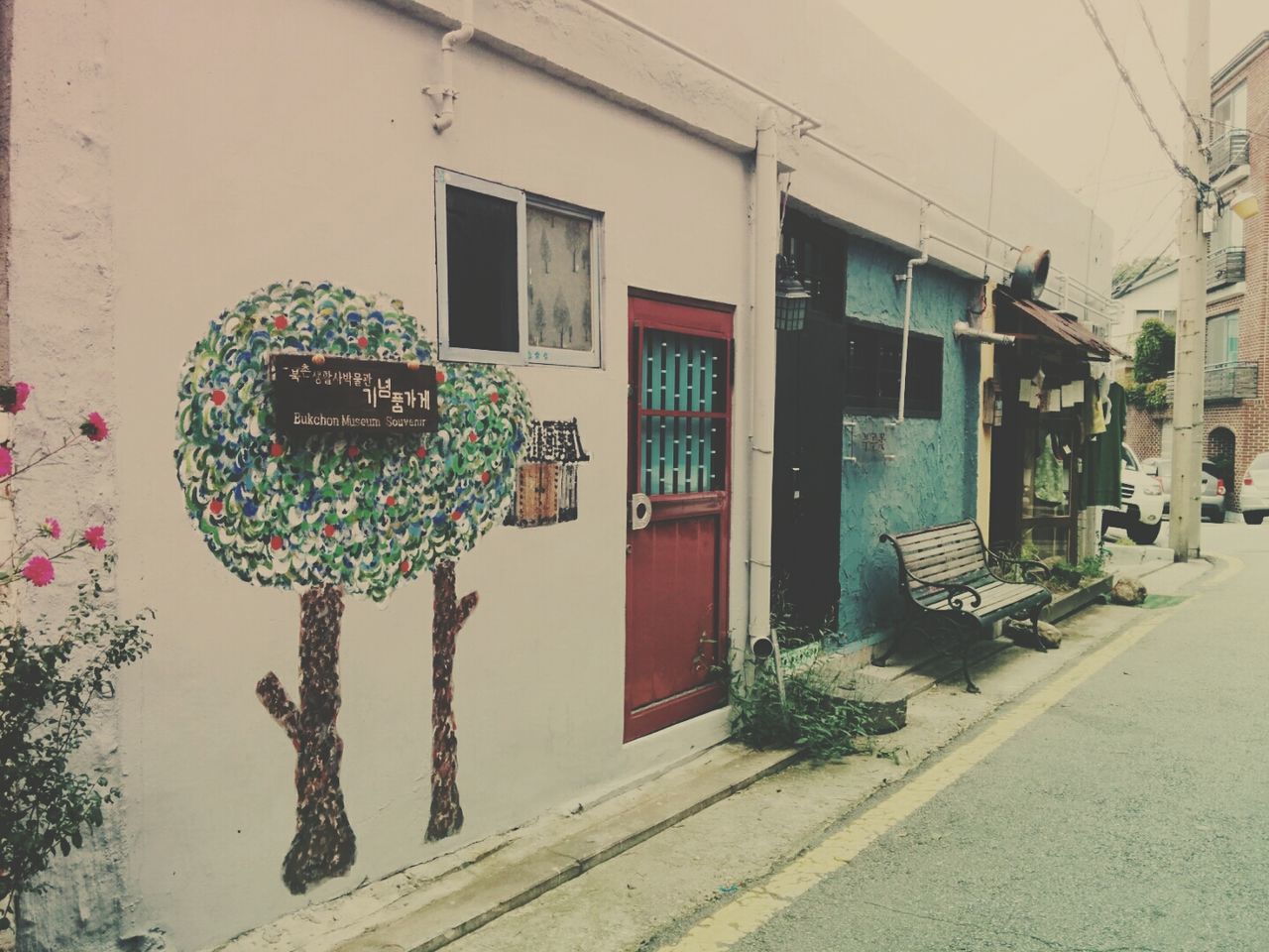 architecture, built structure, building exterior, window, house, wall - building feature, graffiti, residential structure, residential building, building, wall, door, day, potted plant, street, no people, outdoors, multi colored, sidewalk, sunlight