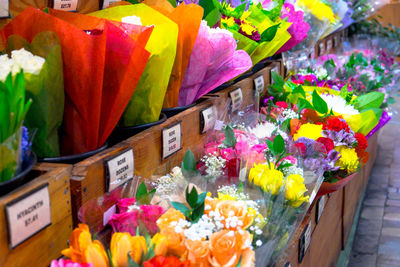 Close-up of multi colored flower pots for sale in market