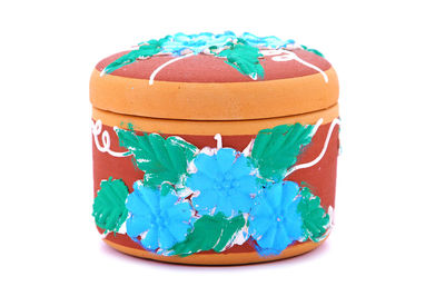 Multi colored umbrellas on white