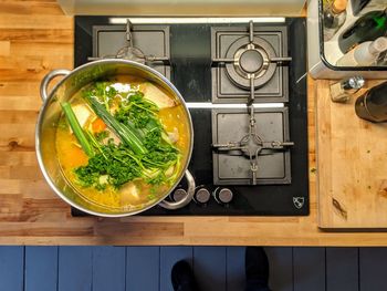 High angle view of food on table at home