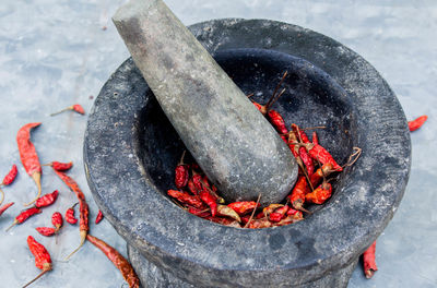 Dried chillies in stone mortar.