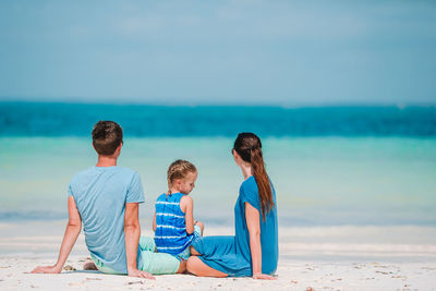 Rear view of friends sitting on shore at beach against sky
