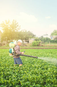 A farmer with a mist sprayer spray treats the potato plantation from pests and fungus infection