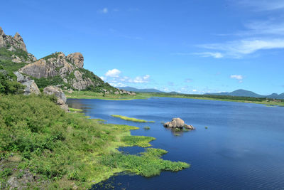 Scenic view of lake against blue sky