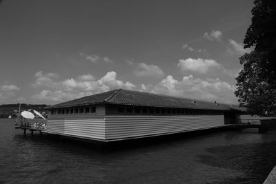 Built structure in water against sky