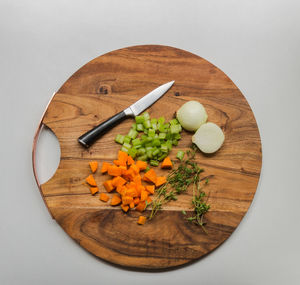 High angle view of chopped vegetables on cutting board