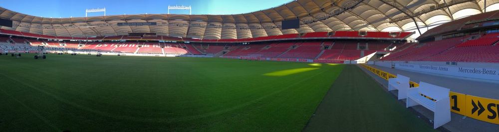 Panoramic shot of soccer field against sky