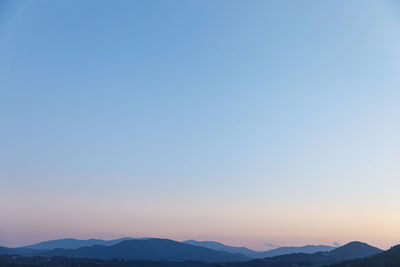 Scenic view of mountains against clear sky during sunset