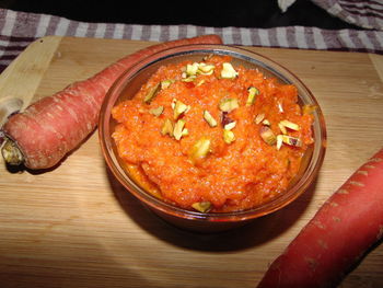 High angle view of meat in bowl on table