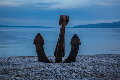 Wooden posts on beach against sky