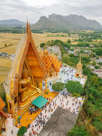 High angle view of temple on building against sky