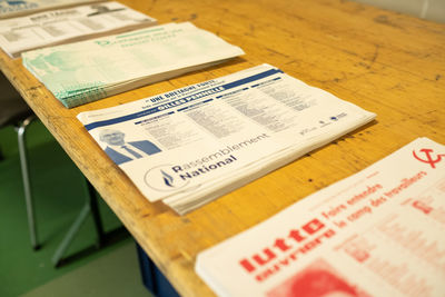 High angle view of open book on table