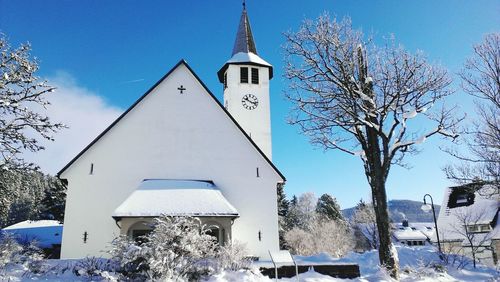 Low angle view of church and trees during winter