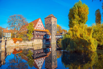 Reflection of trees and buildings in river against blue sky