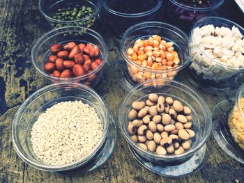 High angle view of food in bowls at table