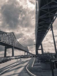 View of suspension bridge against cloudy sky