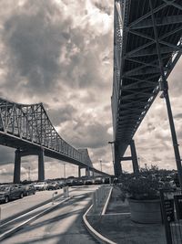 View of suspension bridge against cloudy sky