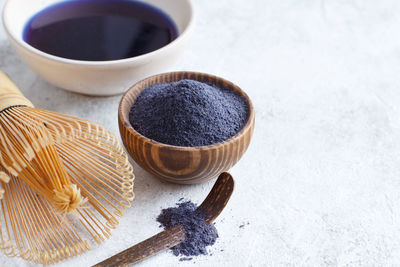 High angle view of coffee beans in bowl on table