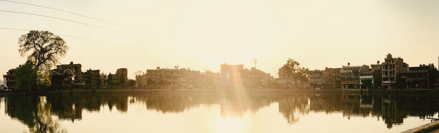 Reflection of buildings in lake against clear sky