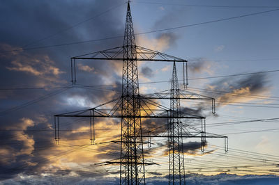 Electricity pylon against sky during sunset