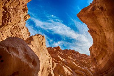 Low angle view of rock formations against blue sky