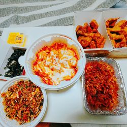 High angle view of meal served on table