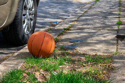 A forgotten orange basketball next to a car on a suburban street