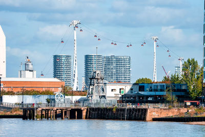 View of the emirates cable car in london england across river thames.