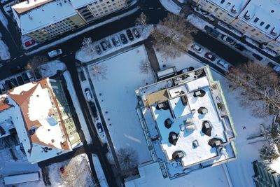 High angle view of buildings in city