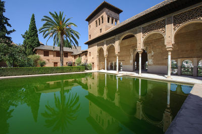 Reflection of building in swimming pool