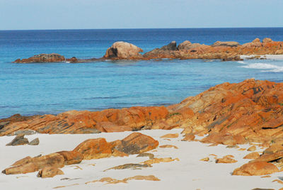 Rocks on beach against sky