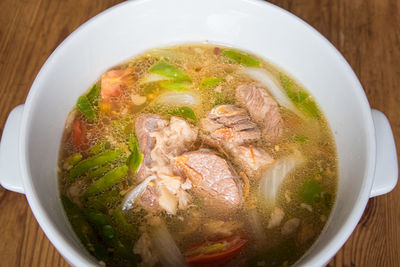 High angle view of soup in bowl on table